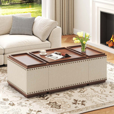  Table basse beige avec tabourets de rangement gigognes (ensemble de 3), ensemble de table de cocktail repose-pieds pour le salon, L 47,2 po x l 23,6 po x H 17,7 po