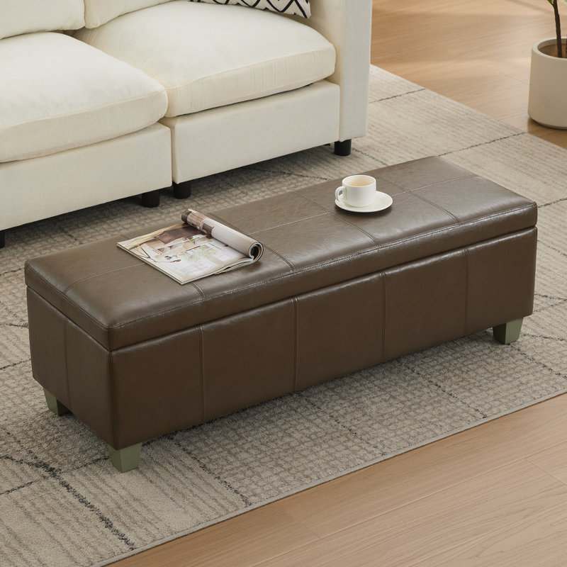 Banc de rangement rembourré en similicuir, H 16,5 po x l 51 po x P 17,3 po, Café