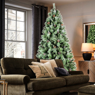 Arbre de Noël de 108 pouces avec 122 branches de pin, 2518 pointes mixtes et branches à aiguilles dures, conception à charnières facile à installer, support en métal robuste et branche de 9 pi de hauteur, configuration de la structure,