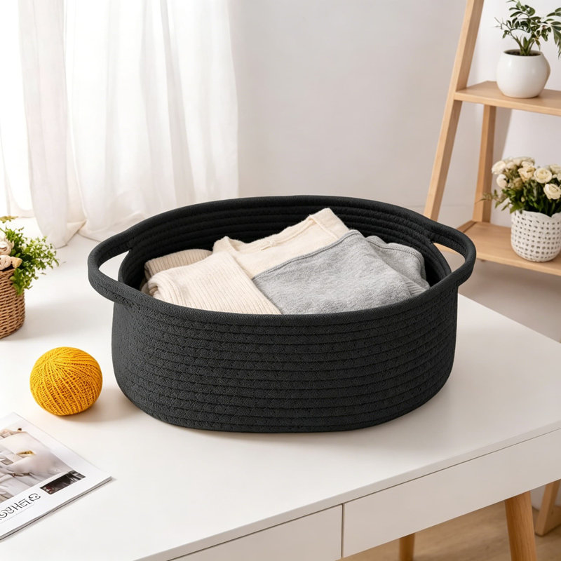 Woven Storage Basket With Handles, Decorative Organizer Bin For Shelves, Closets, And Home Decor, Handmade From Natural Rope