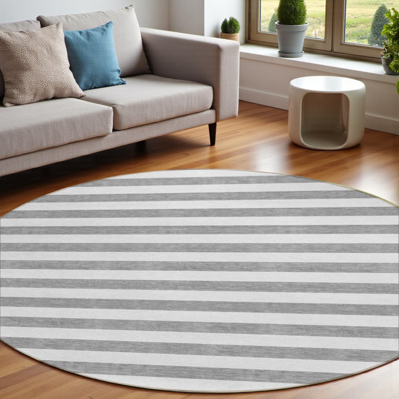 Washable Non-Skid Gray & White Striped Indoor Outdoor Area Rug –Machine-Washable, Durable, Rectangle Design Classic Rugs