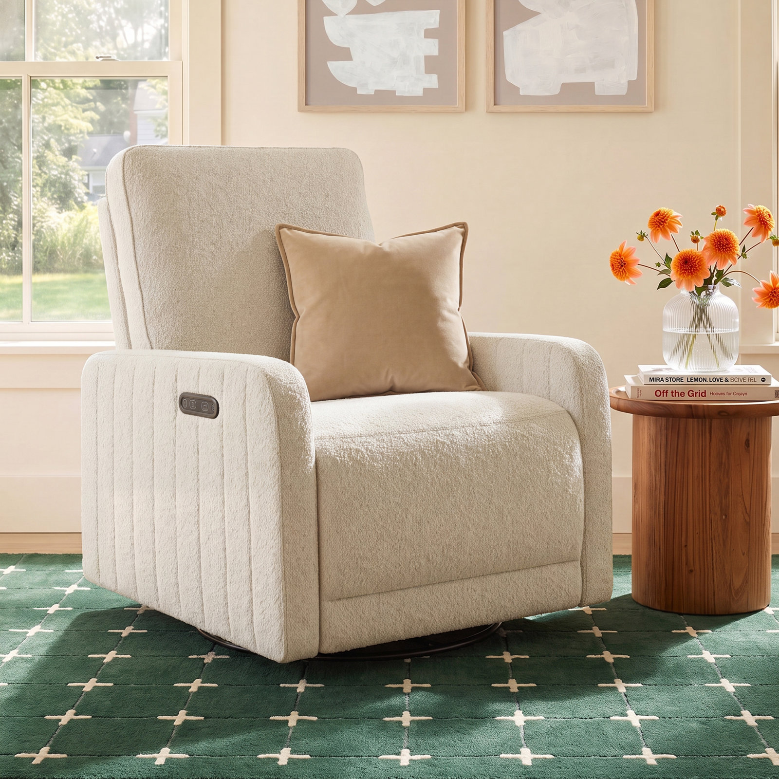 Kyoto Extra-Wide Nursery Power Recliner Swivel Glider with Dual USB Charging, Ivory Boucle