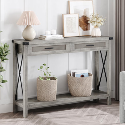 43" Farmhouse Entryway Console Table – Rustic Wood Sofa Table with Rattan Drawers Storage Shelf – Accent for Living Room, Hallway or Foyer