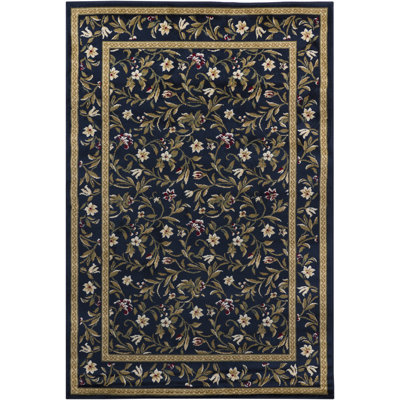 Cypres Oriental Machine Woven Navy Blue, Gold, Tan, Cream, Ivory, and Burgundy Vintage Floral Indoor Area Rug