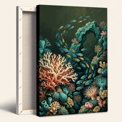 Art mural toile sarcelle, récif de corail avec école de poissons bleus et jaunes