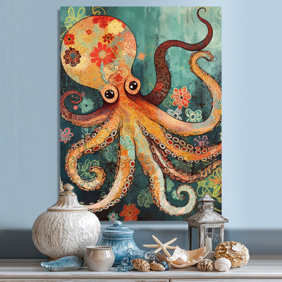 «Flowerful Octopus Deep Sea Boho Vintage», art mural poulpe / calmar