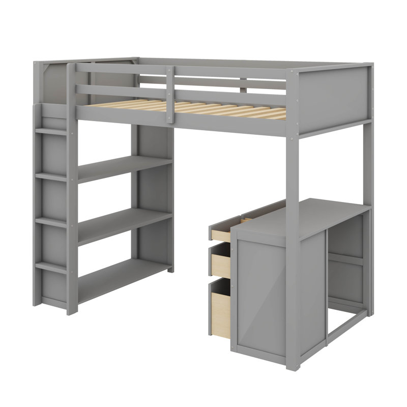 Lit mezzanine moderne avec échelle et tablettes, Gris