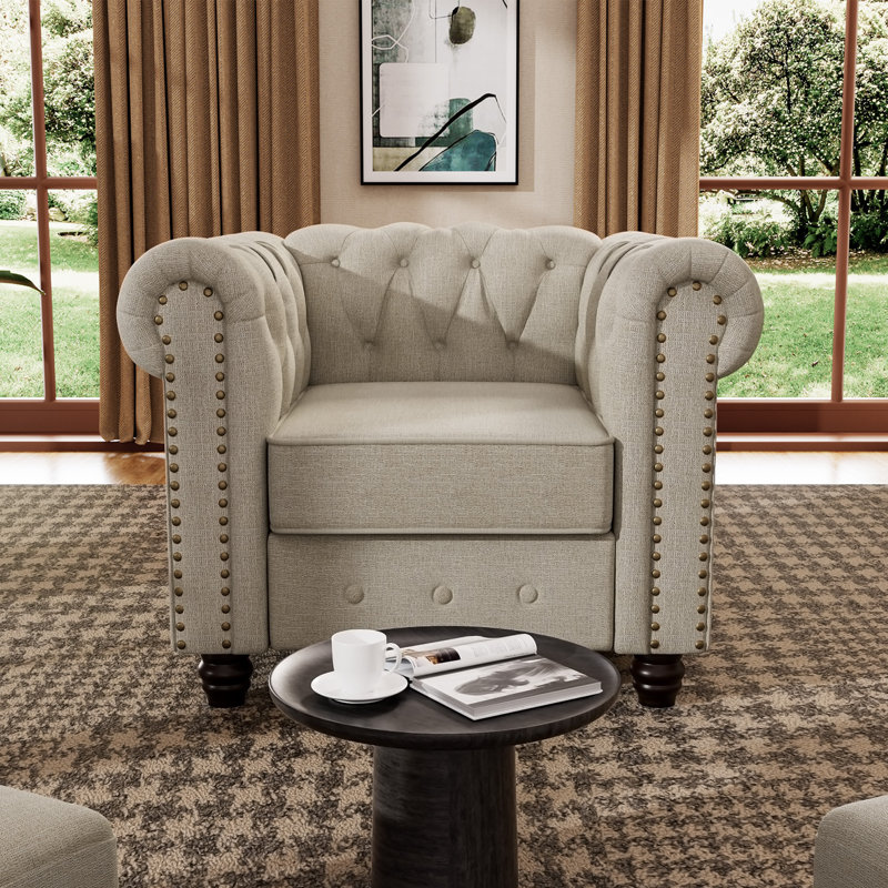 Fauteuil Chesterfield l 38,5 po Eisner, Mélange de lin beige
