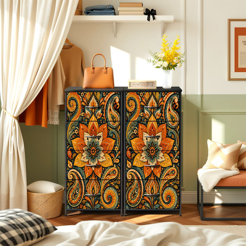 Commode à 4 tiroirs à rangement vertical ornée de mandala floral tourbillons à motif cachemire orange et sarcelle rétro avec tiroirs en bois