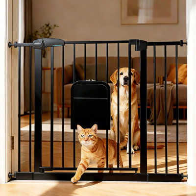 Metal Pet Gate with Cat Door, Adjustable Dog Gate for Doorways & Stairs, Pressure Mounted, Auto-Close, No Tools Needed, 31-46 Inches