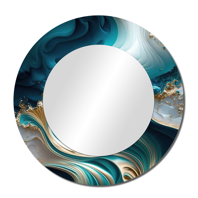 Parushka Abstract Geode Turquoise III - Marble Mirror, Modern Round Unique Wall Mirror, Printed Metal Art, 36" x 36"