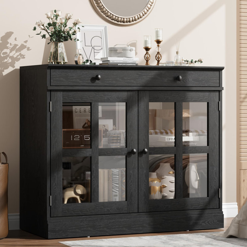 35.4 in Sideboard Buffet Cabinets with Glass Door, Buffet Cabinet with Storage, White Sideboard Cabinet with Drawer, Modern Buffets & Sideboards for Dining Room, Kitchen