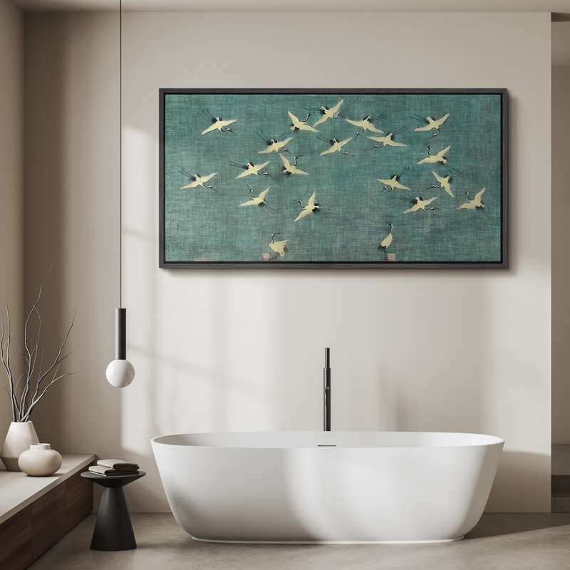 Serene Sky Cranes In Flight On Teal Rustic Artwork Extra Large Pictures Framed Canvas Print Wall Art, 30" H x 60" W, Black