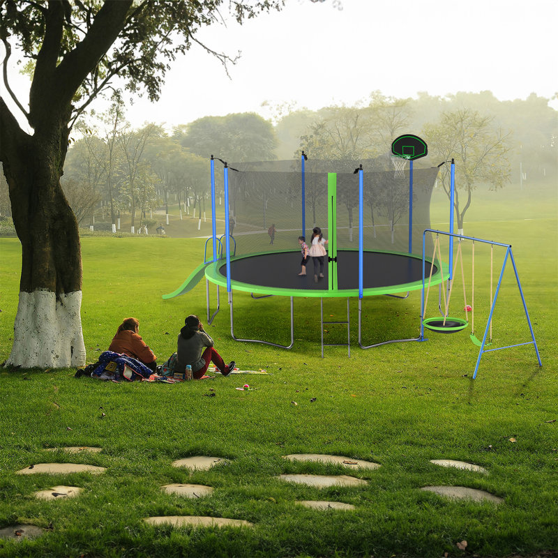 Trampoline 14 pi avec glissoire et balançoires, Vert