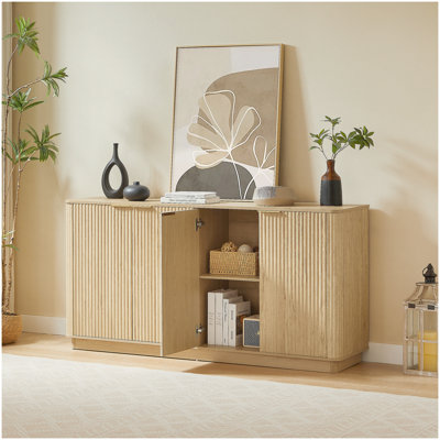 Buffet 63 po à rayures verticales avec rangement, forme ondulée, meuble télé, pour chambre à coucher, salon, couloir, chêne, l 63 po x P 15,75 po x H 31,5 po