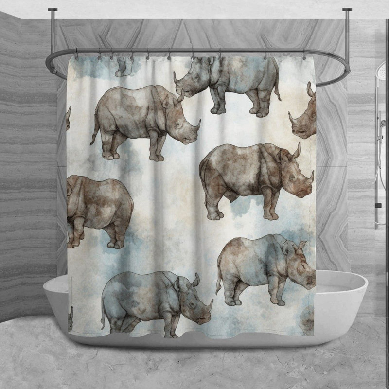 Rhinoceros Shower Curtain Animals Bathroom Décor White/Grey, H 73 po x l 70 po