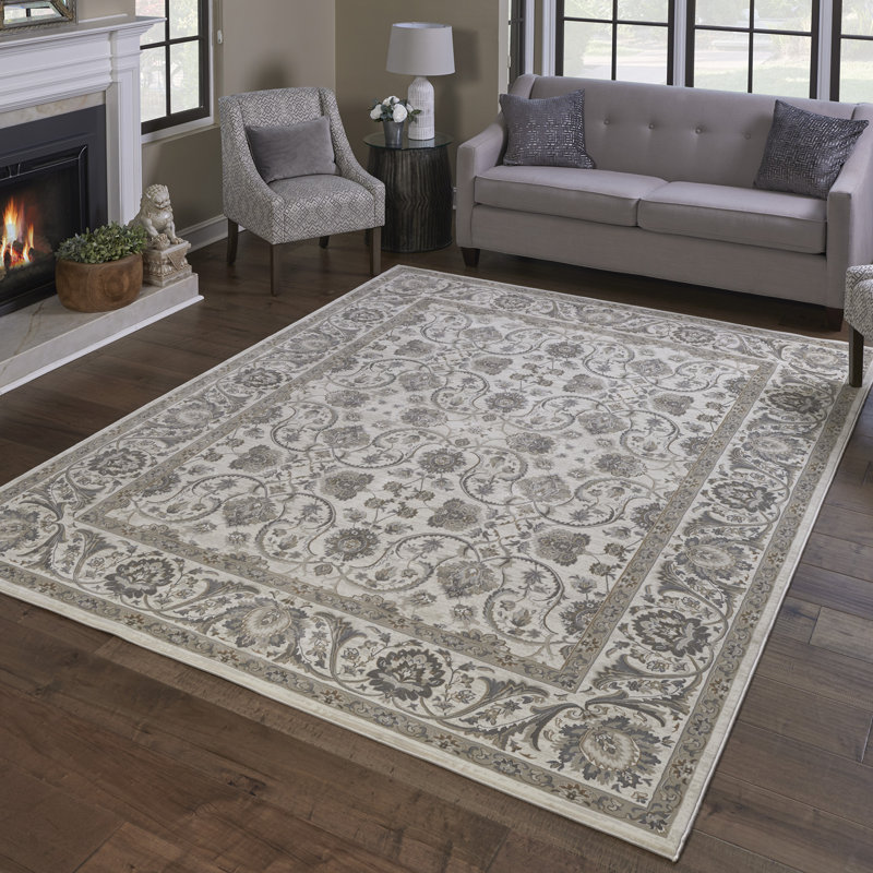 Majestic Croft Traditional Floral Border White Gray Polypropylene Indoor Area Rug, Rectangle 6'6" x 9'6"