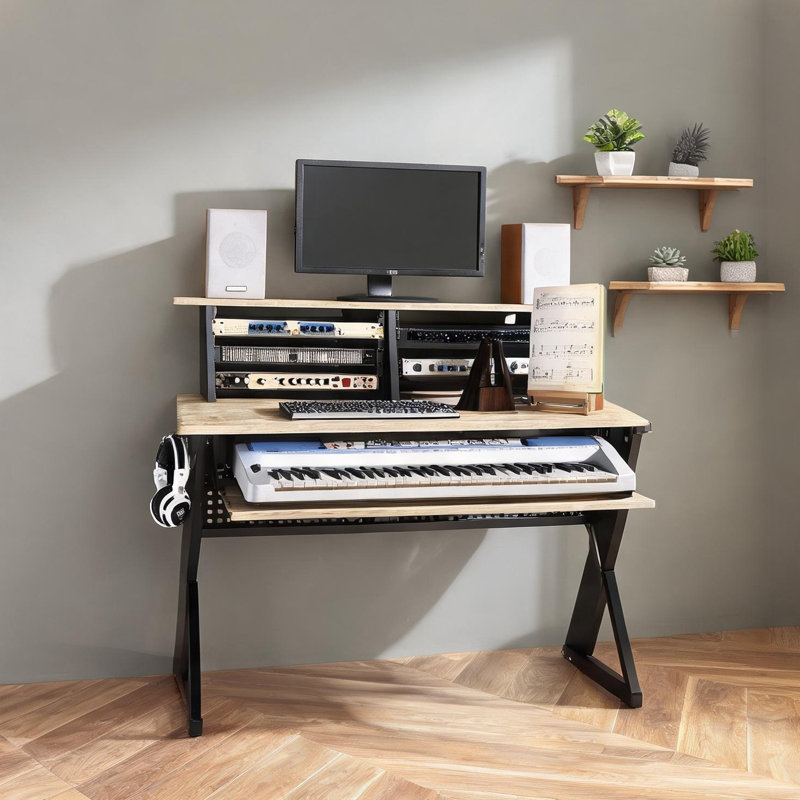 Bureau de production de musique rectangulaire moderne avec gestion des câbles intégrée et plateau à clavier coulissant, finition brun naturel de 47 pouces de largeur