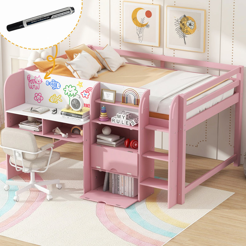 Lit mezzanine avec bureau intégré et tableau blanc, Rose