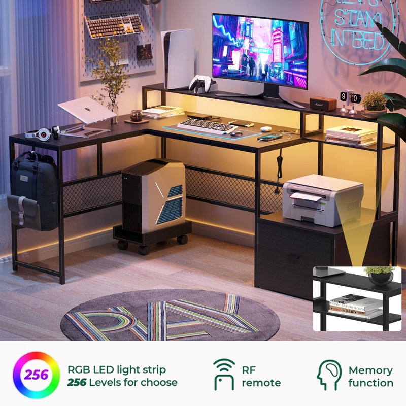 Mehalek L-Shaped Computer Desk with Power Outlet, Black