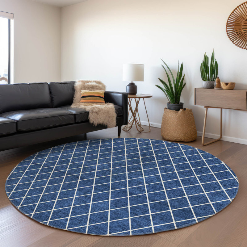 Premium Machine Washable Prisco Navy Rug, Round 8'