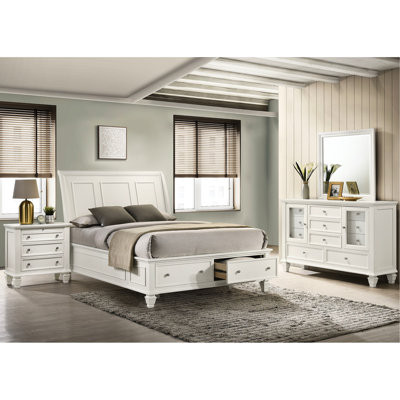 4 grands lits crème, lit en bois massif avec tête de lit à panneaux et tiroirs de rangement, table de chevet, miroir commode 4 pièces, esthétique, fonctionnalité,