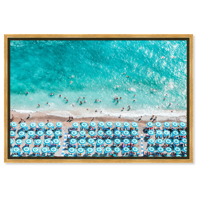 Paradise Beach Umbrellas - impression, H 24 po x l 36 po, Noir, Toile avec cadre doré