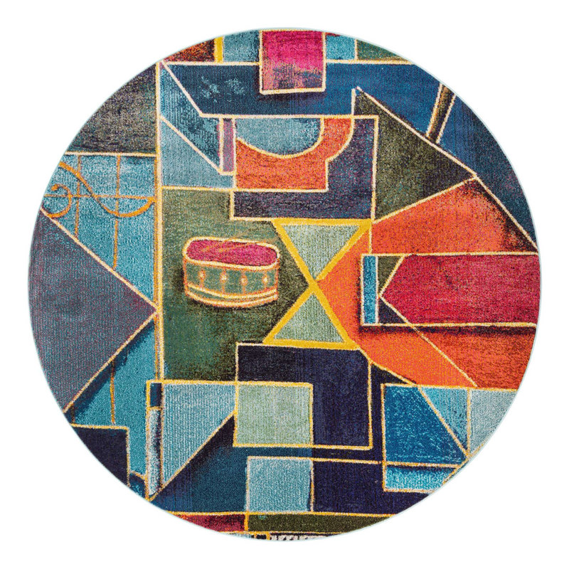 Ansela Washable Geometric Indoor Rug, Round 7'10"