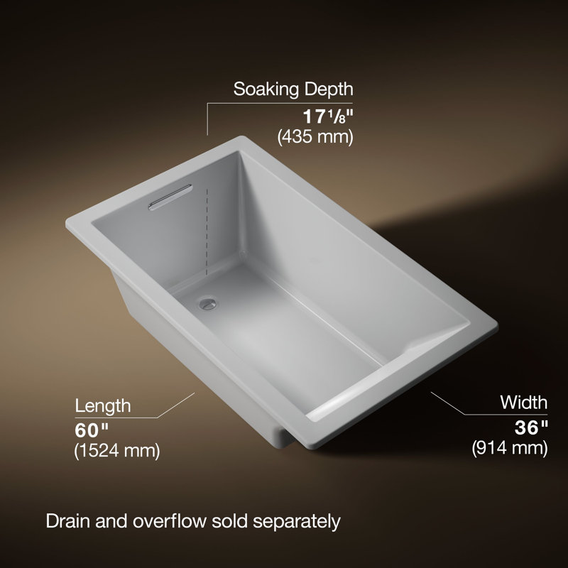 Underscore 60" x 36" Acrylic Drop-In or Undermount Soaking Bathtub with Integral Lumbar Support, Ice Grey