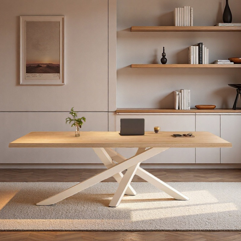 Table de bureau longue en bois massif de conception simple, H 29,53 po x l 70,87 po x P 31,5 po, Burlywood / blanc