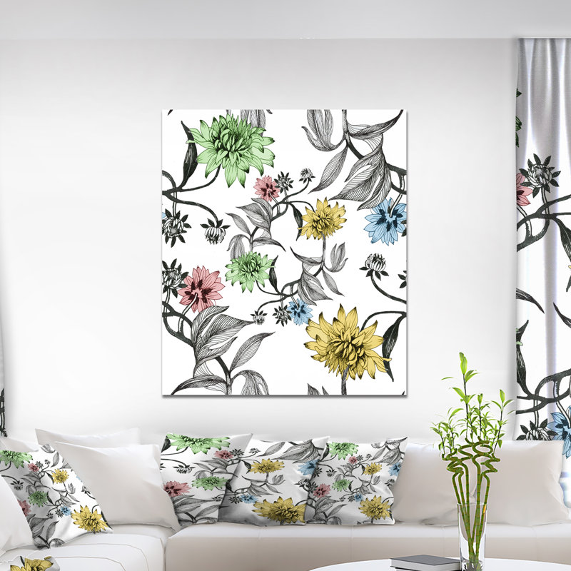 Fleurs d’été dessinées à la main-impression d’art graphique, H 20 po x l 12 po x P 1po, Toile tendue