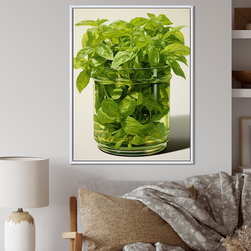 «Green Minimalist Herbal Harmony II - Floral Herbs», art mural, Cadre flottant blanc, H 20 po x l 12 po x P 1 po