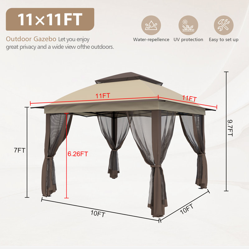11x11ft Pop-Up Gazebo with Mosquito Netting, UV Protection & Sturdy Steel Frame, Portable Outdoor Gazebo with Carrying Bag for Patio, Backyard, Garden & Deck-Beige
