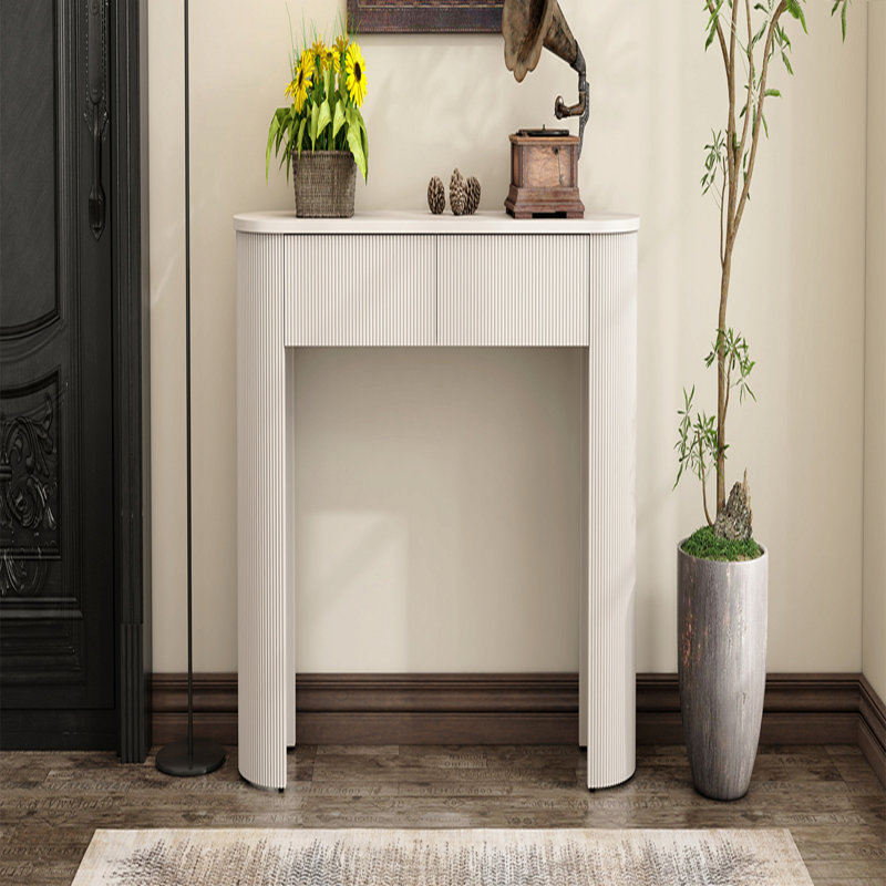 Entryway Table, Fluted Design, Oval Top, 2 Drawers for Entryway - Champagne White
