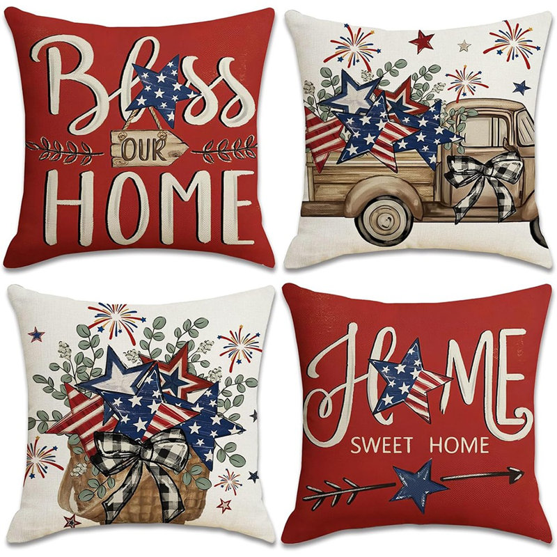 Ensemble de 4 housses de coussin 4 de juillet 16 x 16 pouces de style rustique Americana Charm