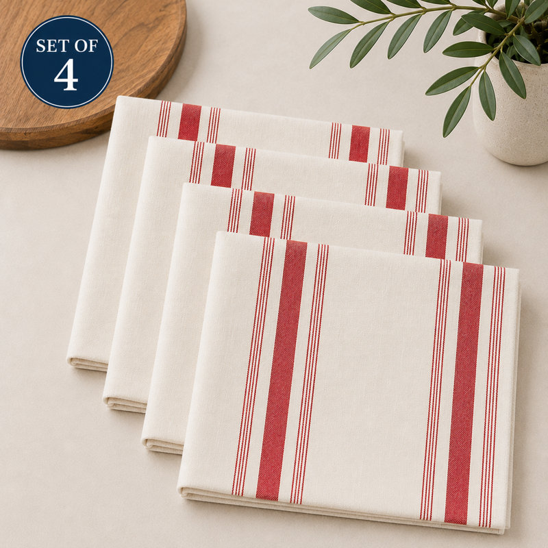 Beige Cotton Cloth Napkins With Red Striped Design 20" X 20", Set Of 4