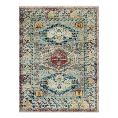 Wool Geometric Area Rug in Silver