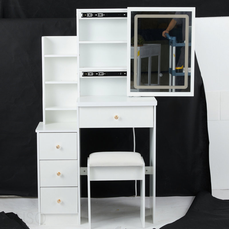 Petite coiffeuse avec miroir de chevet gauche 29,2 po + tabouret rembourré avec grand miroir, commande tactile, interrupteur 3 couleurs, miroir à luminosité réglable, rangement grande capacité