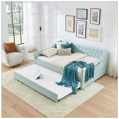 Lit de jour rembourré convertible avec dossier capitonné, canapé-lit polyvalent 3 en 1 avec lit gigogne escamotable et rangement latéral pour une vie compacte