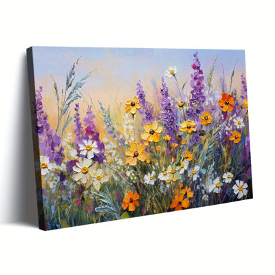 «Vibrant Wildflower Meadow Palette Knife», peinture à l'huile sur toile tendue, tendue