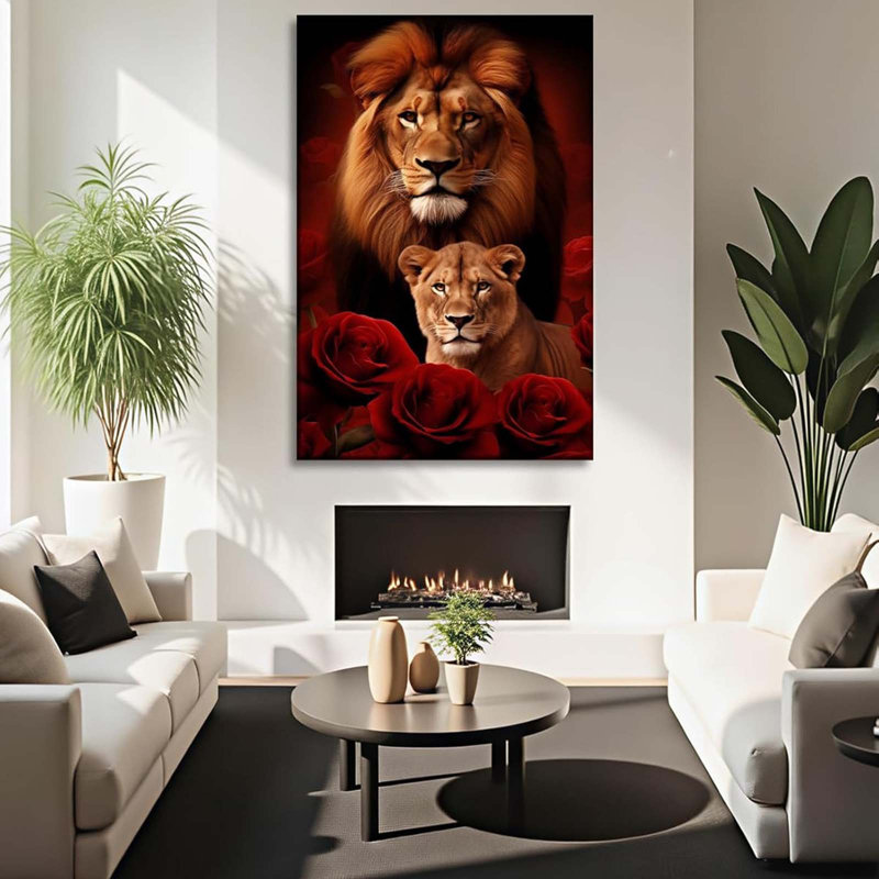 Lion Canvas Wall Art Lion And Lioness Decor Rose Flower Picture Animal Painting Contemporary Artwork, 45 cm H x 30 cm W