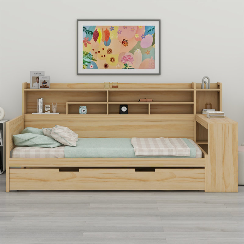 Wooden Daybed With Storage Shelves, Multi-Functional Bed With Trundle Bed And Study Desk, Natural