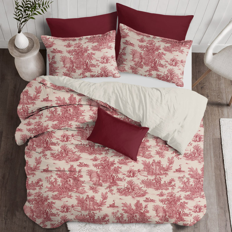 Toile De Jouy Standard Cotton Coverlet / Bedspread Set, Full / Double Coverlet + 2 Shams, Green