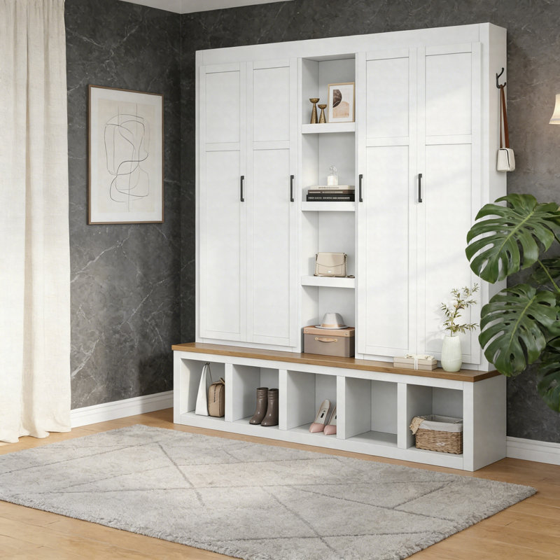 62.9" Farmhouse 4-In-1 Hall Tree With Shoe Storage Bench, Open Compartments & 6 Hooks, Wood Grain Entryway Organizer, White