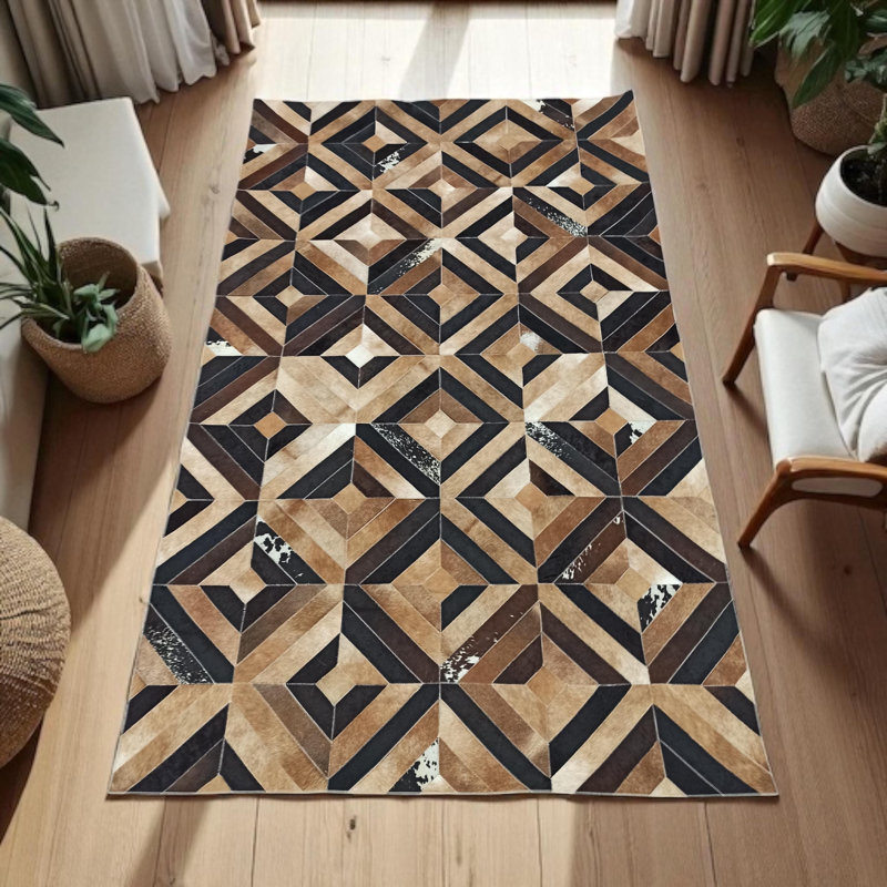Tapis moderne en cuir de vache à motif géométrique, tapis de salon, Rectangulaire 2 pi x 3 pi