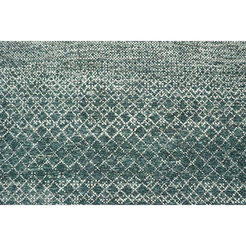 Tapis rectangulaire rayé en laine noué à la main vert / gris, Rectangle 8 pi x 10 pi