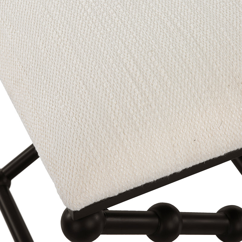 White Polyester Upholstered Bench with Black Iron Frame