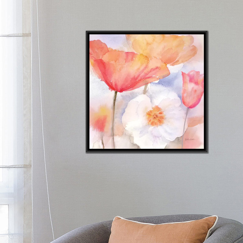 « aquarelle », peinture sur toile pastel, H 18 po x l 18 po x P 1,5 po, Toile avec cadre noir, Pas de tapis