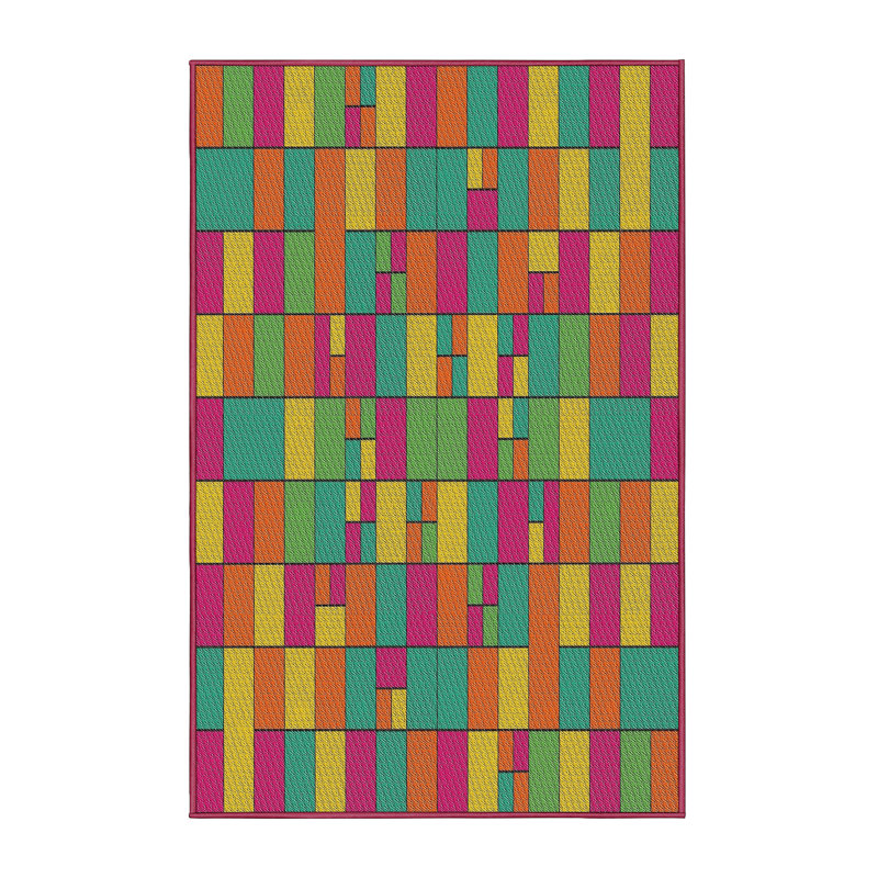 Tapis vert/rose/orange à motifs, Rectangle 4 pi x 6 pi