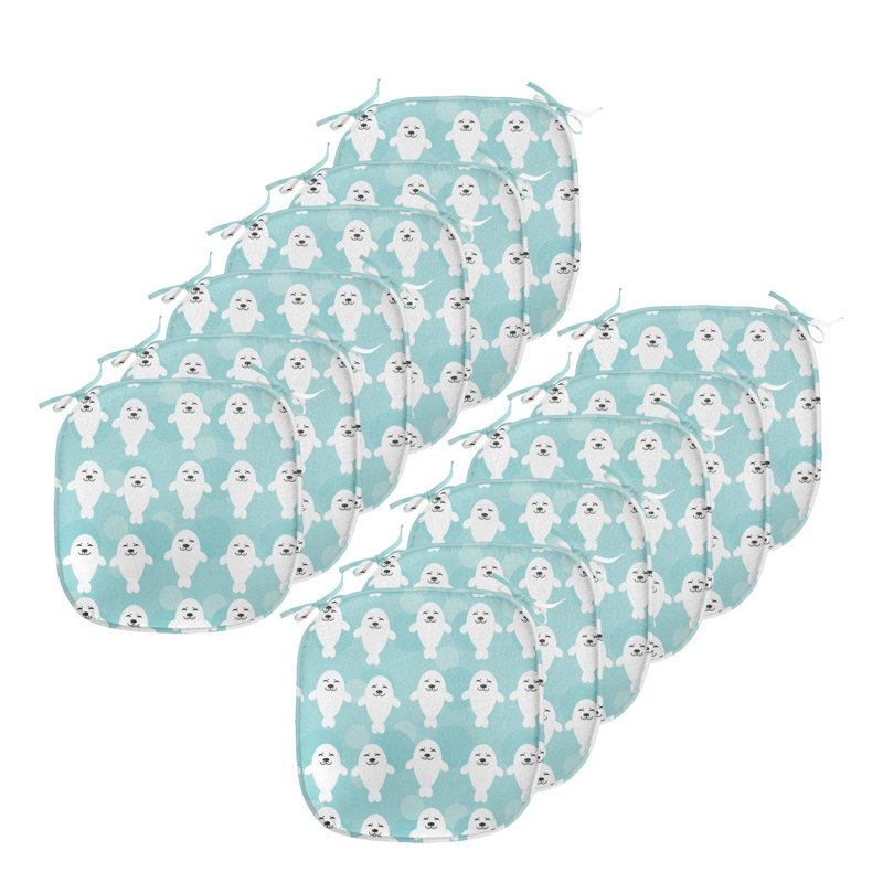 Sea Animals Chair Seating Cushion Set Of 12, Seals With Faces Smiling Cheerful Theme, Seat Pads For Office With Anti-Slip Backing, 40 Cm X 40 Cm, Turquoise Pale Blue